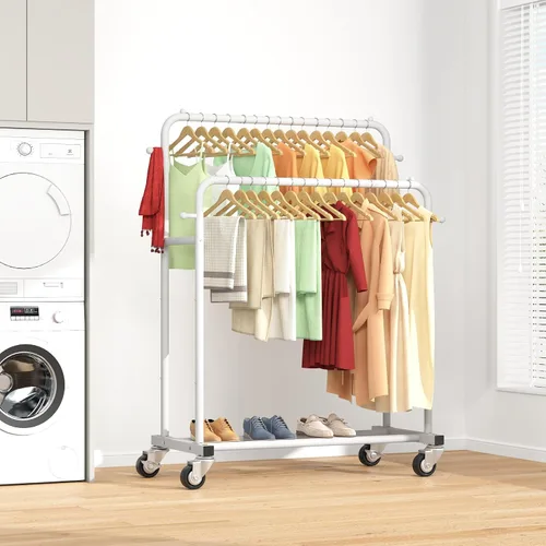 Miniatura 8 de Laiensia - Perchero de doble varilla con ruedas, estante para colgar ropa, con 4 ganchos, estante multifuncional para ropa de dormitorio