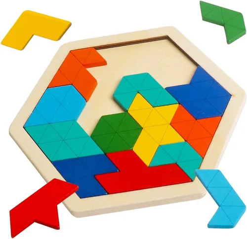 Miniatura 10 de Rompecabezas de bloques de madera para niños y adultos, rompecabezas de hexágono, juegos de rompecabezas de madera, juguete de forma