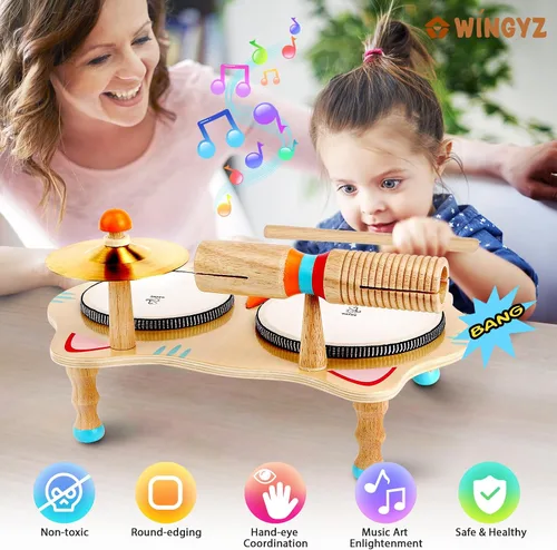 Miniatura 3 de WINGYZ Juego de batería para niños, instrumentos musicales de madera 6 en 1 para niños pequeños de 1 a 3 años, juego de música Montessori para bebés