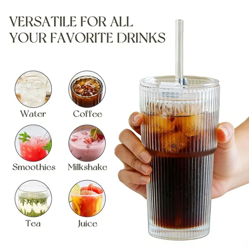 Miniatura 8 de KEMORELA Paquete de 2 vasos de vidrio acanalado de 20 onzas con tapas y pajitas de vidrio, tazas de café helado vintage, vasos reutilizables