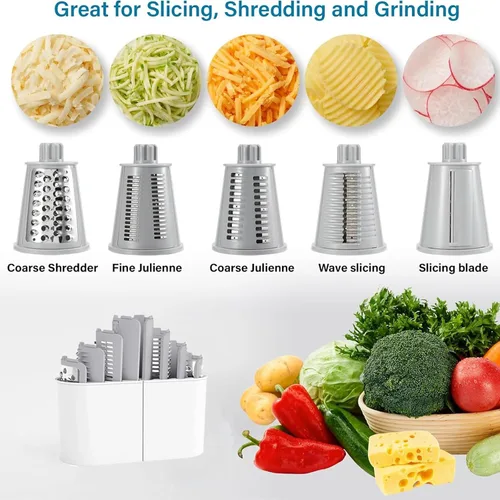 Miniatura 3 de Rallador De Queso Giratorio Manual, Cortador De Verduras Giratorio Con 5 Cuchillas, Base Antideslizante Con Ventosa Y Estructura Desmontable Para Un