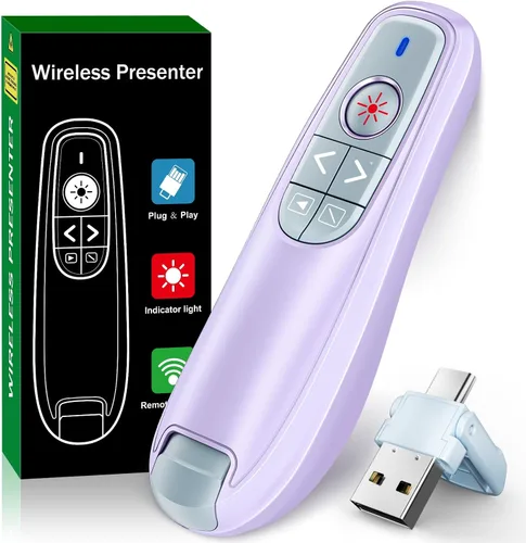 Miniatura 7 de 2 en 1 USB tipo C Presentación Clicker, Wireless Presentation Clicker PowerPoint Presenter Remote con control de volumen, PowerPoint Clicker