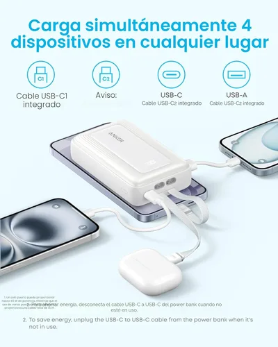 Miniatura 7 de Anker Zolo - Banco de energía (versión actualizada 2025), carga rápida máxima de 45 W, batería de 20,000 mAh, cables USB-C integrados duales, puerto