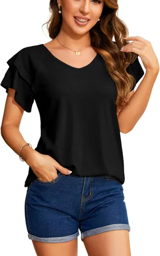 DSPSAM Summer Tops for Women 2023 Puff Sleeve Business Casual Dressy Ladies Blouses V-Neck Shirt Loose Fit Tunic