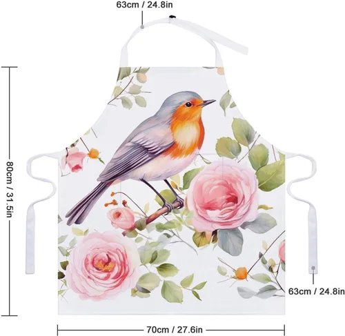 Miniatura 2 de Personalized Floral Print Watercolor Robin Bird Adult Apron, Kitchen Cooking Aprons for Woman Man, Adjustable Bib Apron with Pocket for Baking, BBQ