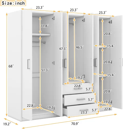 Miniatura 2 de Armario grande de 6 puertas, armario de madera de 70.9 pulgadas de ancho con cajones grandes, armario de dormitorio, vestidor, armario organizador