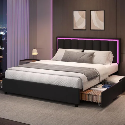 Miniatura 9 de IMMERSTABLE Base de cama tamaño Queen con cabecero y 4 cajones de almacenamiento, plataforma tapizada de piel sintética con luces LED, listones