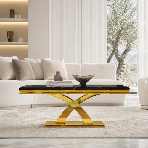 Miniatura 3 de AUZ Mesa auxiliar negra y dorada de 48 pulgadas, mesa central rectangular de lujo con base de metal pulido en forma de X para sala de estar, oficina