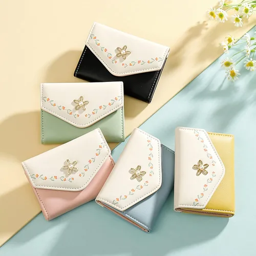 Miniatura 6 de Cartera de piel sintética para mujer y niña, con diseño de flores, de tres pliegues, delgada, pequeña, con tarjetero para dinero en efectivo, Negro