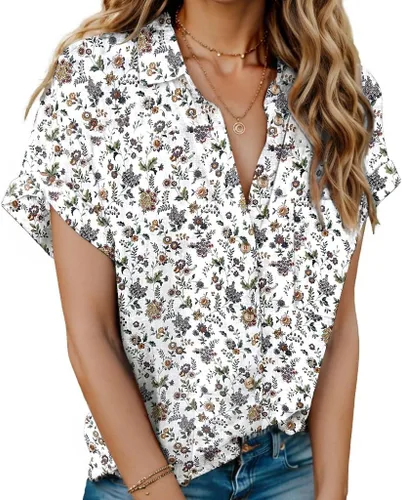 Miniatura 9 de HOTOUCH Camisas de Lino para Mujer con Botones Blusas de Manga Corta de Algodón Cuello en V con Cuello Tops de Gasa con Botones S-3XL
