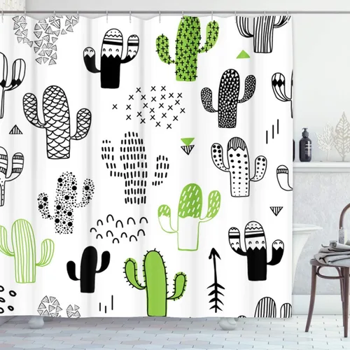 Miniatura 6 de Cortina de ducha negra del desierto lindo dibujado a mano con cactus hipster geométrico impermeable tela de poliéster 72 x 72 pulgadas, juego