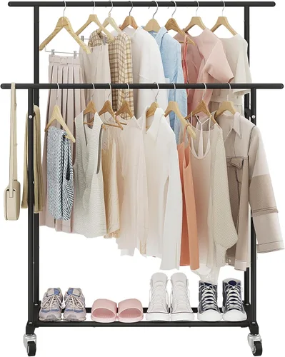 Miniatura 2 de Calmootey Perchero de ropa de doble varilla, organizador portátil para colgar ropa, organizador de ropa rodante para dormitorio, sala de estar, Negro