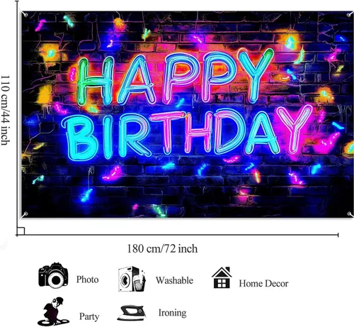 Miniatura 5 de Cartel de fondo de neón para fiesta de cumpleaños, luz negra que brilla en la oscuridad, pancarta grande de feliz cumpleaños, suministros