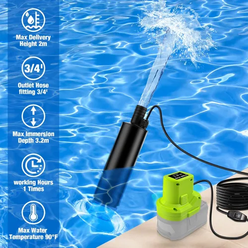 Miniatura 2 de Bomba de transferencia de agua compatible con batería Ryobi de 18 V, 30 L/min, elevación de 15 pies, bomba de agua con potencia máxima de 7 A, bomba