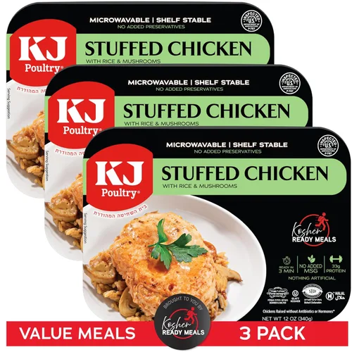 KJ Poultry Kosher Ready Meals - Arroz de pechuga de pollo relleno, comidas de carne MRE listas para comer, sin gluten, halal, (3 unidades) preparado