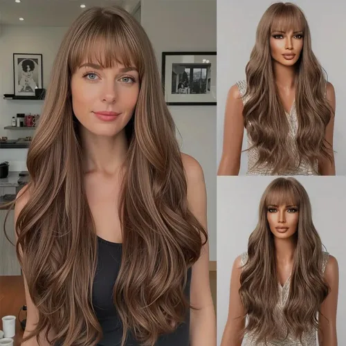 Miniatura 18 de QD-Tizer Pelucas sintéticas de color rubio ceniza con flequillo, pelucas de cabello largo y lacio, sin pegamento, pelucas sintéticas sin encaje