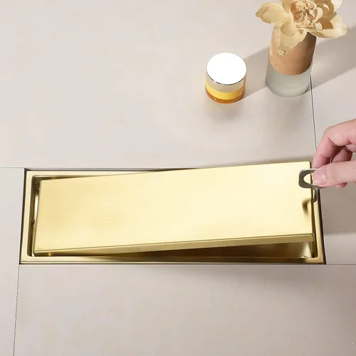 Miniatura 4 de Tubo de drenaje de ducha lineal de 12 pulgadas, oro cepillado, con rejilla de inserción de azulejos, cubierta oculta desmontable, drenaje