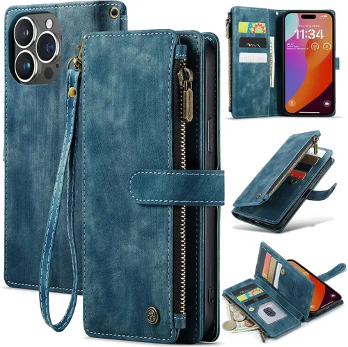 Miniatura 10 de CaseMe - Funda tipo cartera para iPhone 15 Pro Max, multifunción, hecha a mano, de piel sintética, con cremallera, a prueba de golpes, con cierre