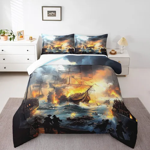 Miniatura 20 de Octopus - Juego de edredón para niños, tamaño matrimonial, nubes oscuras, olas del océano, juego de ropa de cama retro trippy decoración de Rojo
