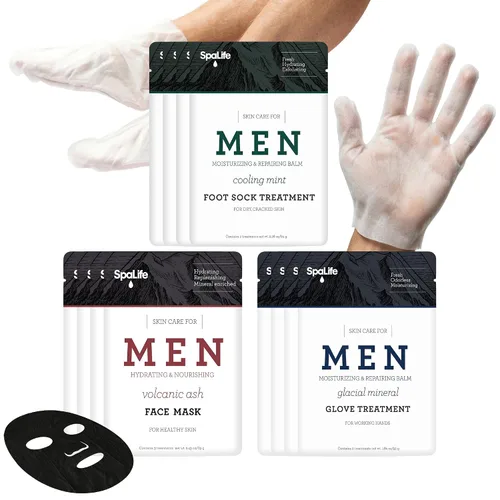 SpaLife Juego de spa de 12 piezas para hombres: guantes de mano reparadores para manos secas, calcetines de pie de menta refrescante para talones