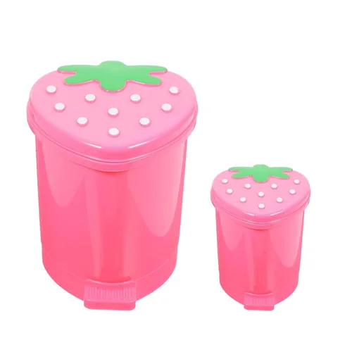 Miniatura 7 de Bote de Basura de Fresa, Bote de Basura de Plástico Lindo de 1 Galón para Escritorio Kawaii Pequeño Bote de Basura de Fresa para Dormitorio con 2