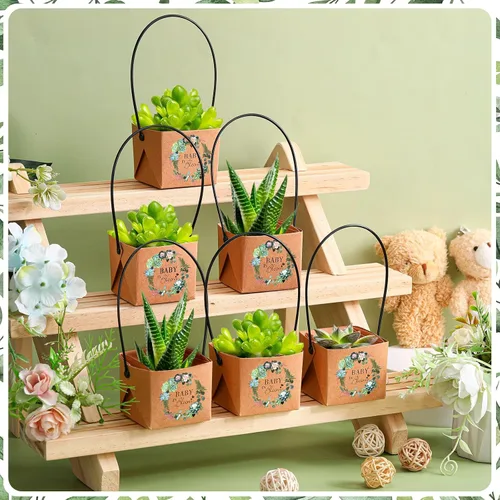 Miniatura 4 de Aliceset 100 bolsas de regalo para suculentas con asa de plástico, caja de regalo de papel kraft, cesta de regalo para baby shower, boda, fiesta,