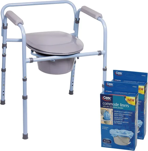 Carex Cómoda plegable 3 en 1 con 14 forros de cómoda - Porta Potty para adultos - Inodoro portátil soporta hasta 300 libras, cómodas de cabecera