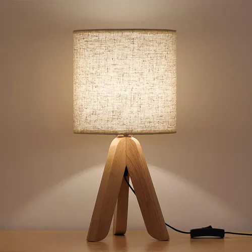 Miniatura 9 de HAITRAL Lámpara de Mesa de Trípode de Madera con Base Marrón, Pequeña Lámpara de Mesa Lámpara de Mesita de Noche con Pantalla de Tela de Lino