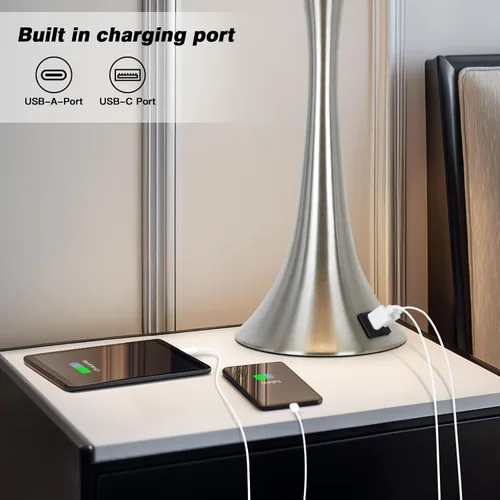 Miniatura 4 de Rinweey Lámparas de mesa plateadas de 27.5 pulgadas, lámparas táctiles de noche con puertos USB C+A, lámparas regulables de 3 vías para dormitorio