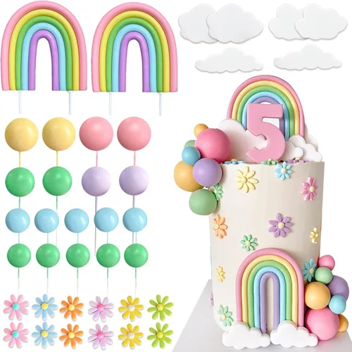 Miniatura 7 de 49 Piezas Decoraciones para Pastel Arcoíris Groovy Boho Hippie Decoraciones para Pastel Bolas Pastel Margarita Flor Número Adornos para Pastel