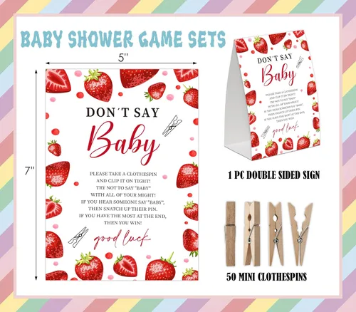 Miniatura 2 de Juego de bebé de fresa con texto en inglés "Don't Say Baby Show", paquete de un letrero de 5 x 7 pulgadas y 50 mini pinzas naturales para la ropa