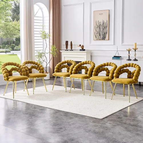 Miniatura 11 de Juego de 2 sillas de comedor de terciopelo, sillas decorativas tapizadas amarillas, sillas de barril con patas doradas para comedor, maquillaje