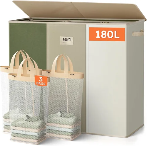 Miniatura 19 de SOLEDI Cesta de ropa sucia de 180L de 3 secciones, cesta de ropa sucia extra grande con tapa, cesta de ropa sucia con asa resistente, organizador