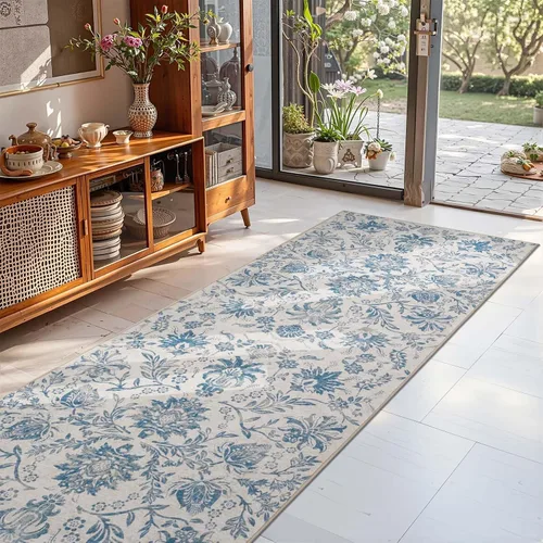 Miniatura 295 de jinchan Lima - Alfombra simétrica floral geométrica lavable, alfombra de entrada de medio círculo de 2 x 3, alfombra de media luna, suave y Azul