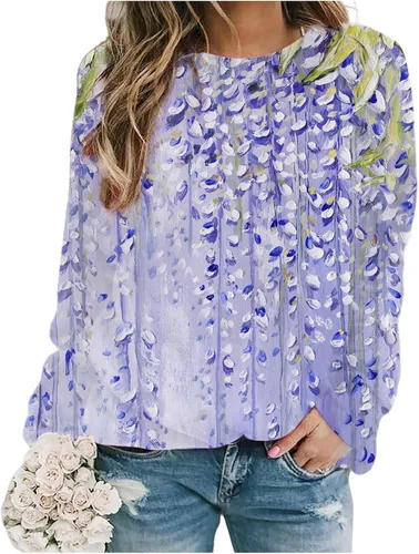 Miniatura 2 de Blusas de algodón para mujer, sudaderas casuales con estampado floral, cuello redondo, manga larga, camisetas tipo túnica