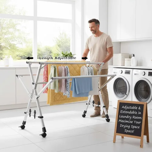 Miniatura 5 de This Foldable Stainless Steel Clothes Rack, Telescopic Laundry Drying Hanger, Expandable Folding Garment Rack for Indoor Outdoor, Space-Saving Heavy