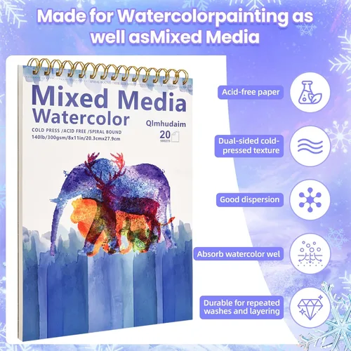 Miniatura 5 de Cuaderno de bocetos de medios mixtos Qlmhudaim 4" x 4" 30 hojas 140 lb/300 g, encuadernado en espiral con línea de desgarro De grado