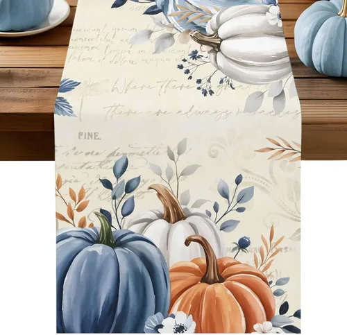 Miniatura 10 de Juego de 4 manteles individuales de otoño con diseño de calabaza azul, hojas florales, manteles individuales de otoño, lavables, cosecha, Acción