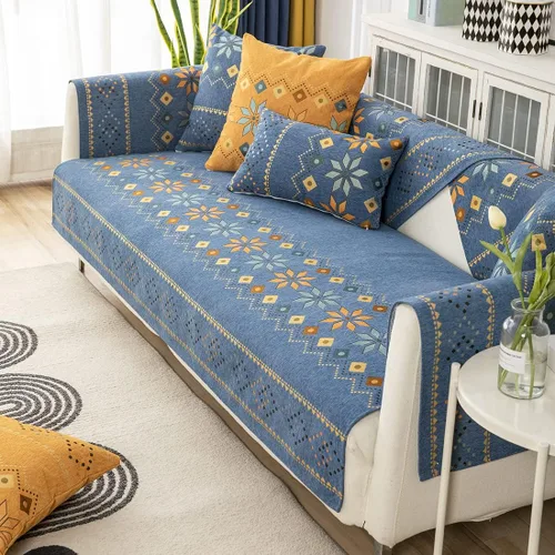 Funda de sofá de chenilla para sofá modular, diseño geométrico bohemio y jacquard antideslizante, protector de muebles para niños, perros y Azul