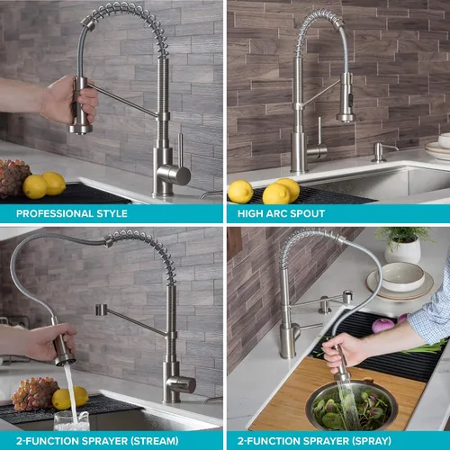 Miniatura 14 de KRAUS Bolden - Grifo de cocina de estilo comercial con mango individual de dos funciones desplegable en bronce champán antiguo libre de manchas