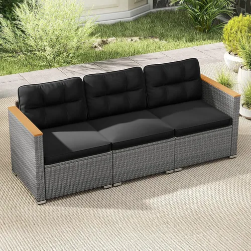 Miniatura 2 de Tangkula Sofá de mimbre para patio de 3 asientos, juego de muebles de ratán de 3 plazas con reposabrazos de madera de acacia y cojín grueso, sofá