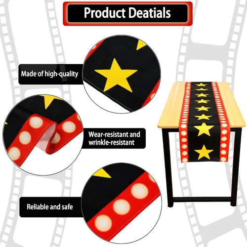 Miniatura 4 de Camino de mesa de noche de cine de 13 x 72 pulgadas con diseño de estrella dorada, decoración de alfombra negra para suministros de fiesta
