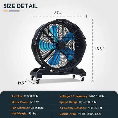 Miniatura 8 de Albott Ventilador de tambor industrial de 36 pulgadas, ventilador de piso de alta velocidad de plástico de 500 W con ruedas y velocidad variable