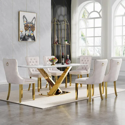 Miniatura 12 de Juego de mesa de comedor de 7 piezas con sillas, mesa de comedor de mármol sintético y sillas beige para 6, juego de mesa de comedor de oro blanco
