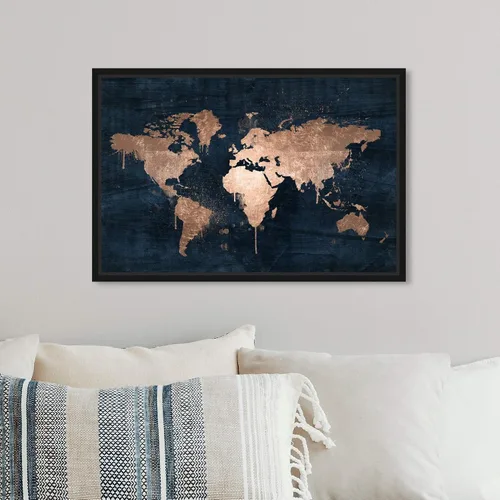 Miniatura 4 de The Oliver Gal Artist Co. Mapas y banderas - Lienzo decorativo enmarcado para pared, diseño de mapamundi Copper, mapas del mundo Marco negro
