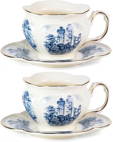 Miniatura 17 de KAMMAK - Juego de 2 tazas de té y platillos, tazas de café de porcelana, tazas de espresso apilables de 6.8 onzas, demitasses de cerámica para café