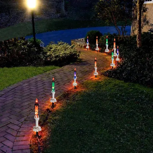 Miniatura 5 de Hourleey Decoraciones de Halloween, paquete de 5 velas de calavera con estacas, funciona con pilas, impermeable, decoración de camino