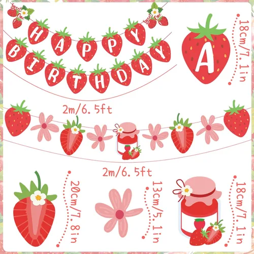 Miniatura 3 de SUNBEAUTY Pancarta de Feliz Cumpleaños de Fresa, Pancarta Colgante de Fiesta de Frutas Rojas Berry Sweet, Decoraciones de Cumpleaños de Fresa