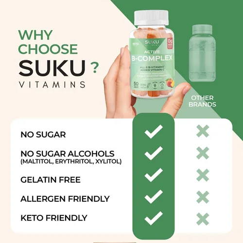 Miniatura 8 de SUKU - Gomitas de complejo de vitamina B con vitamina C – Suplemento de gomitas de complejo vegano de 8 vitaminas B sin azúcar aumenta el desarrollo