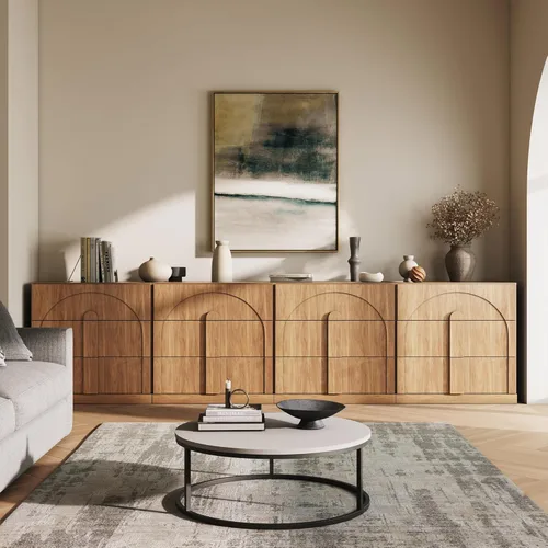 Miniatura 19 de BELLEZE Aparador Modular Acanalado Buffet con Almacenamiento, Mesa Consola Moderna de Mediados de Siglo con Puertas Arqueadas Simétricas, Elegante